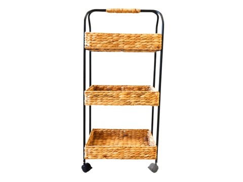 Premium 3-Tier Ricenut-Weaving Water Hyacinth Storage Cart with Metal Frame